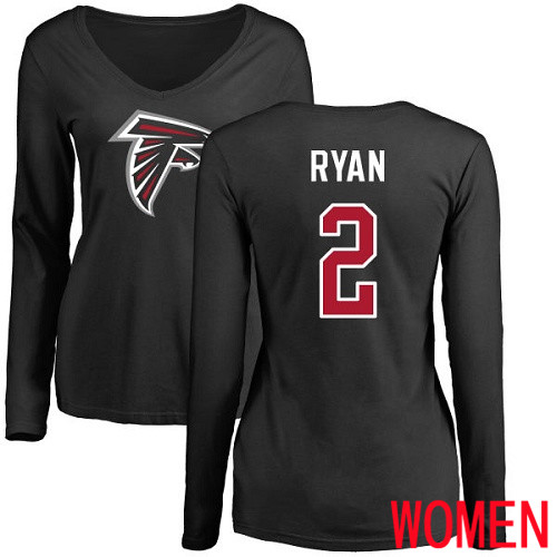 Atlanta Falcons Black Women Matt Ryan Name And Number Logo NFL Football #2 Long Sleeve T Shirt->women nfl jersey->Women Jersey